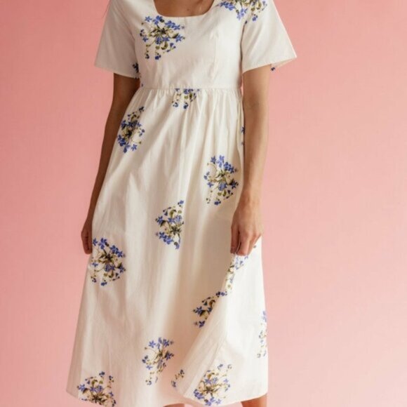 Midi Dainty Floral Dress |Square Neck Bow Tie Dress | Roolee - Picture 1 of 8